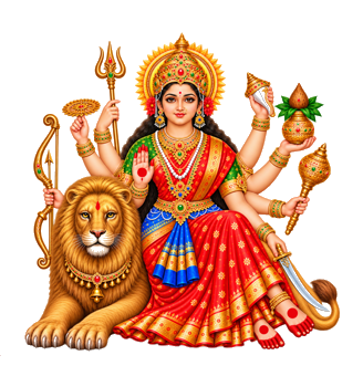 Goddess Durga seated with her lion and holding sacred weapons